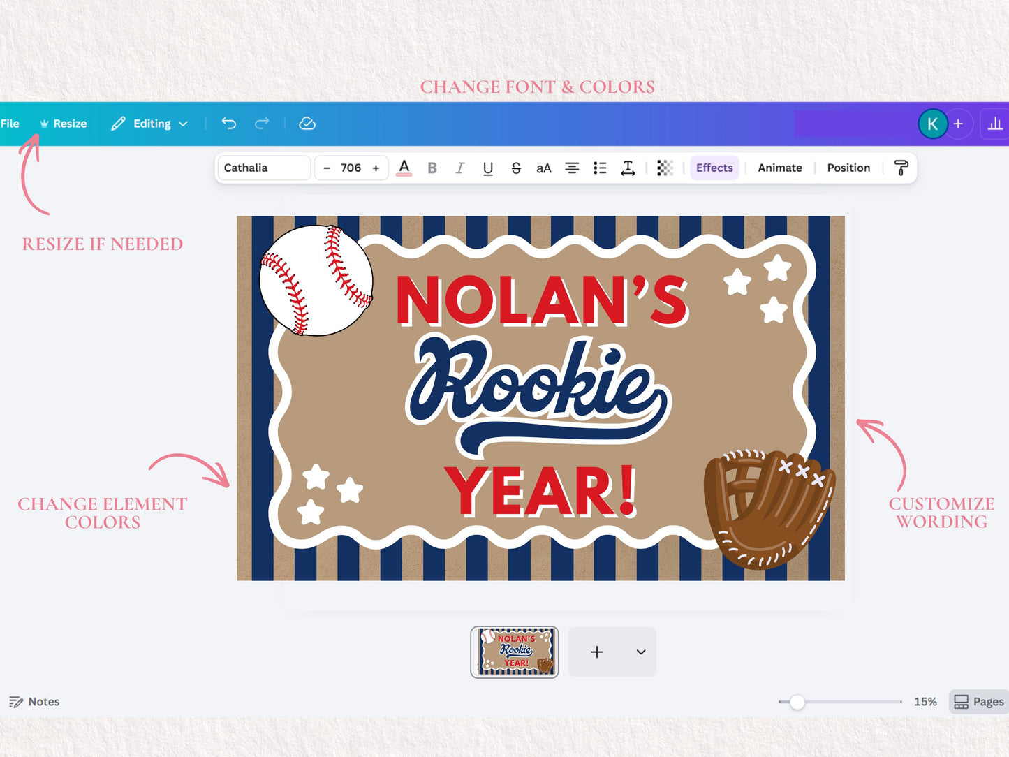 Baseball Rookie Year Birthday Banner Template | Editable Canva Party Decor 3x3 & 2x6 (Digital Download)