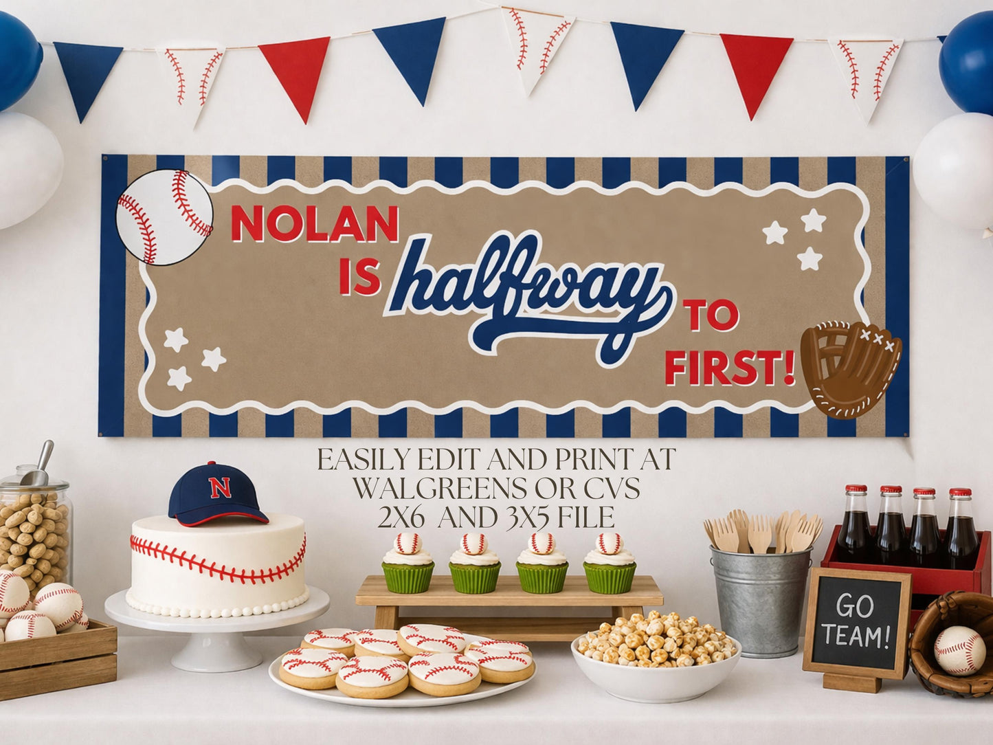 Baseball Halfway to One Banner Template | Editable Canva Boy Party Decor (Digital Download)