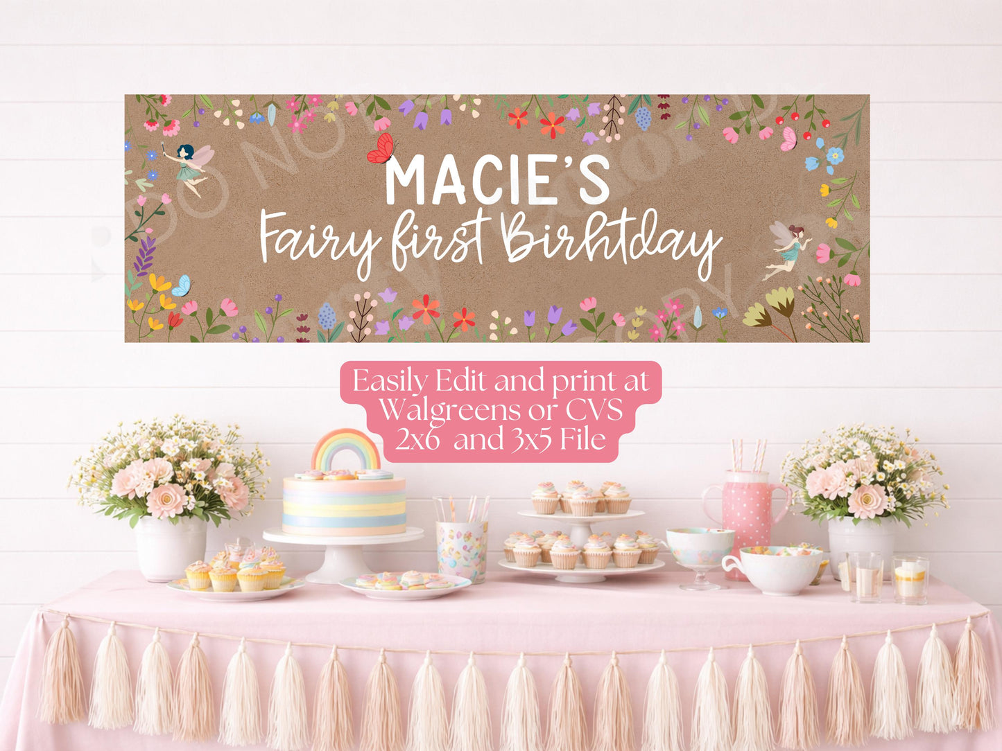Fairy First Birthday Banner Template | Editable Canva Party Decor (Digital Download)