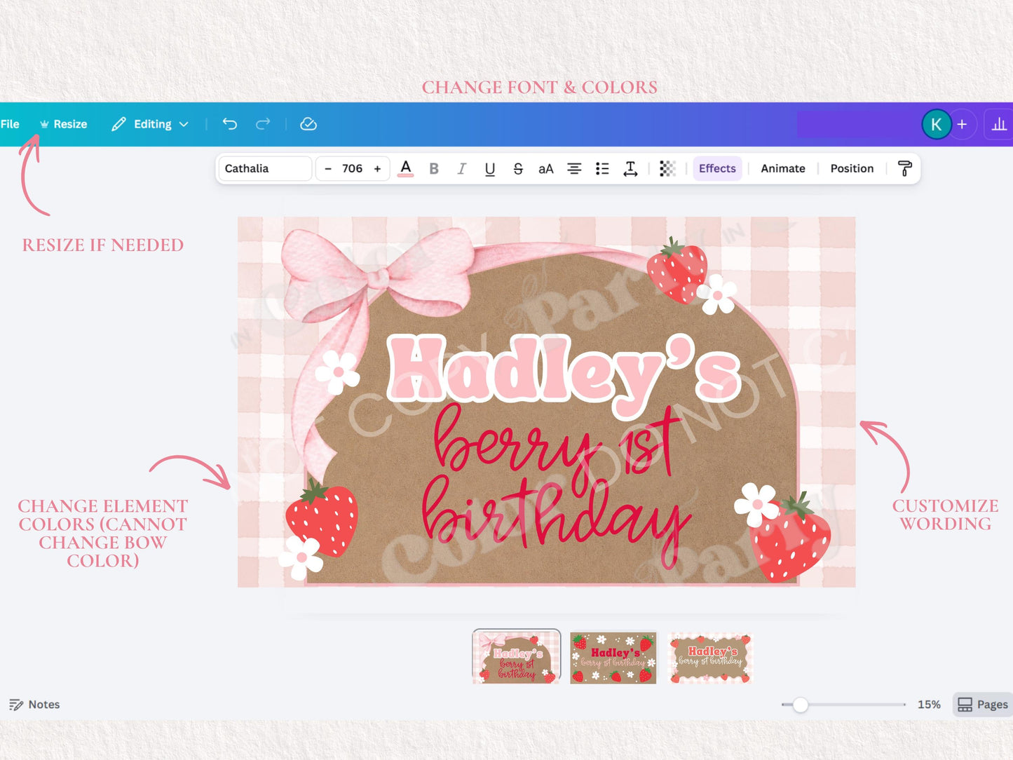 Berry First Birthday Banner Template | Editable Canva Party Decor (Digital Download)