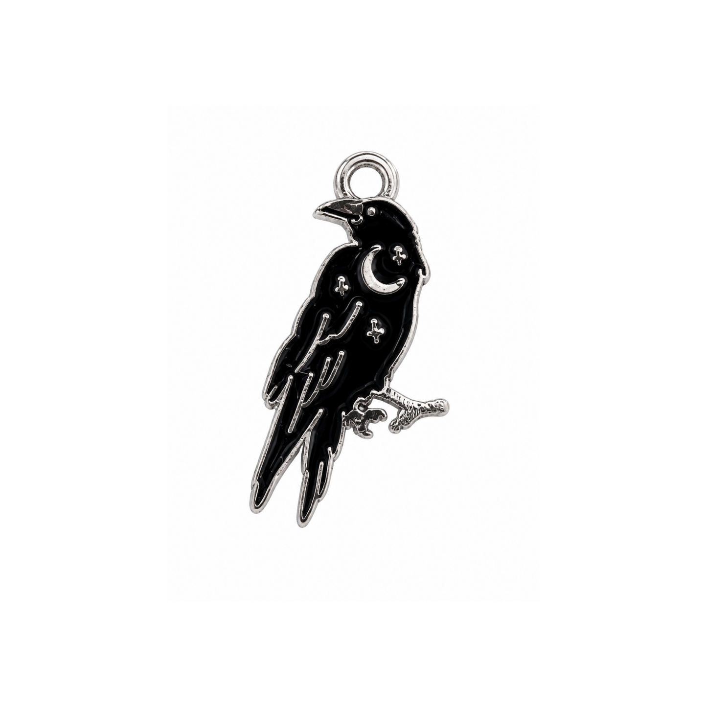 Celestial Raven Charm | Black Enamel Moon & Stars Bird Charm