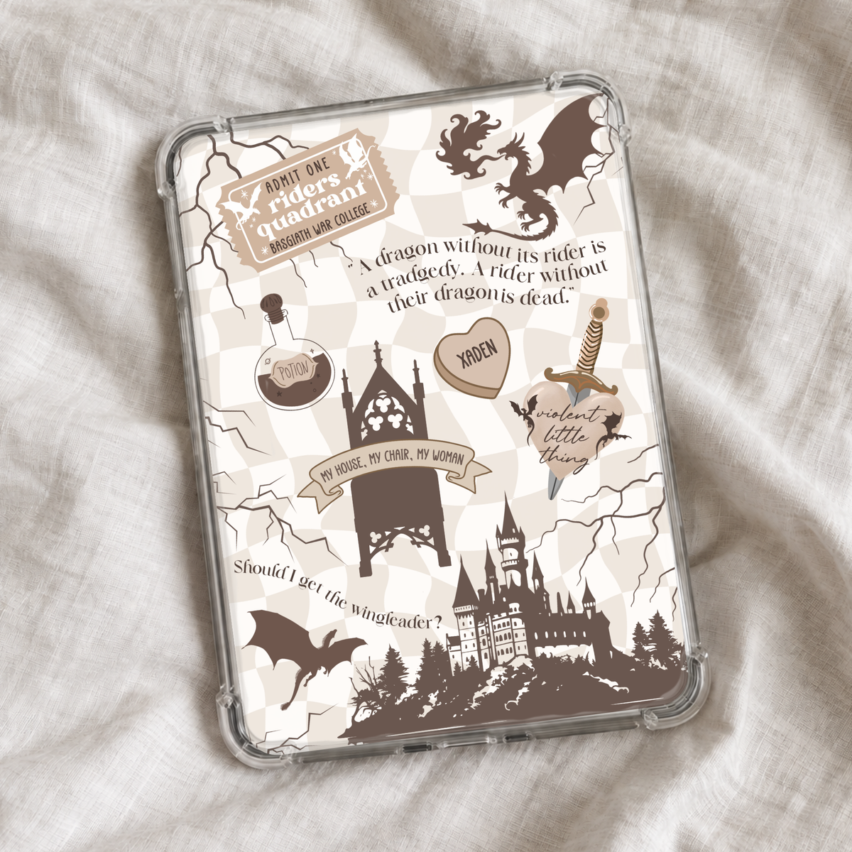 Fourth Wing Kindle insert featuring a collage-style fantasy design inspired by the Empyrean series, with dragons, Basgiath War College, and bookish elements inspired by Violet and Xaden’s world.