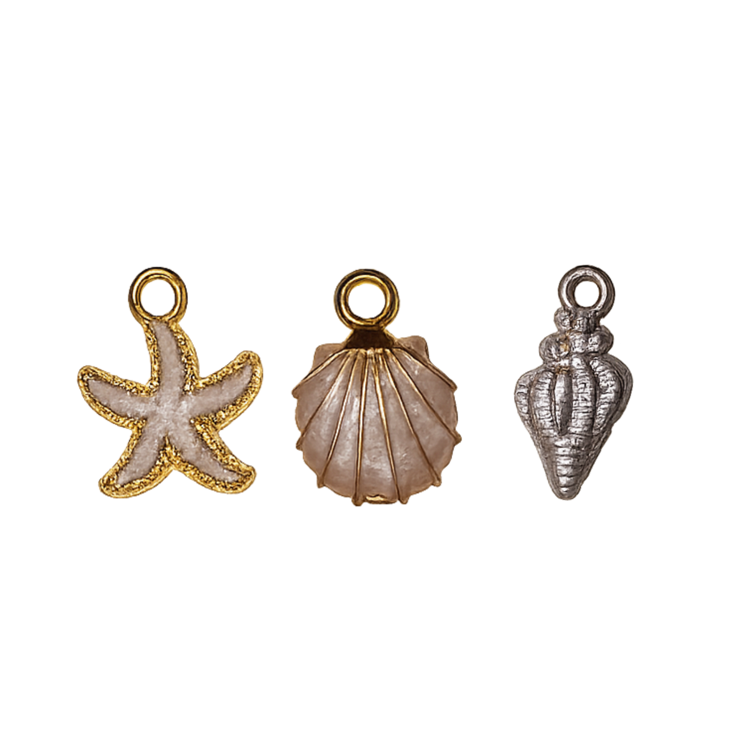 Neutral Coastal Sea Life Charms | Starfish, Scallop Shell & Spiral Shell | Charm Bar