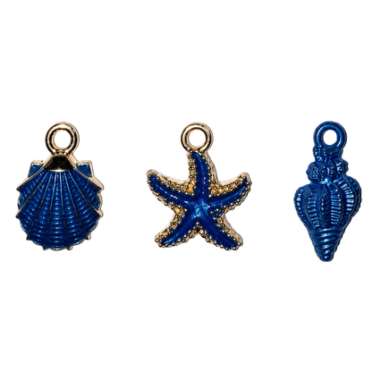 Dark Blue Coastal Sea Life Charms | Starfish, Scallop Shell & Spiral Shell | Charm Bar