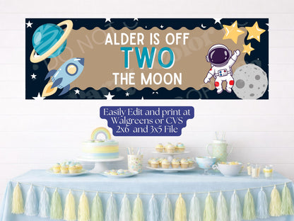 Space Birthday Banner Template, Going Two The Moon, First Orbit Birthday | Editable Canva Party Decor (Digital Download)