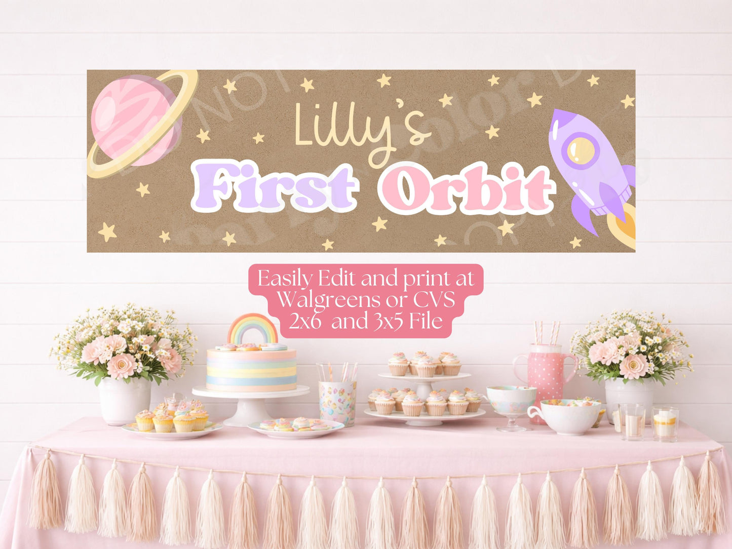 Space Birthday Banner Template, Going Two The Moon, First Orbit Birthday | Editable Canva Party Decor (Digital Download)
