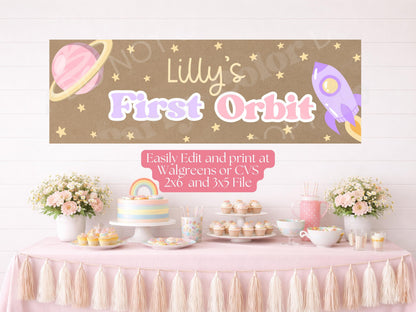 Space Birthday Banner Template, Going Two The Moon, First Orbit Birthday | Editable Canva Party Decor (Digital Download)