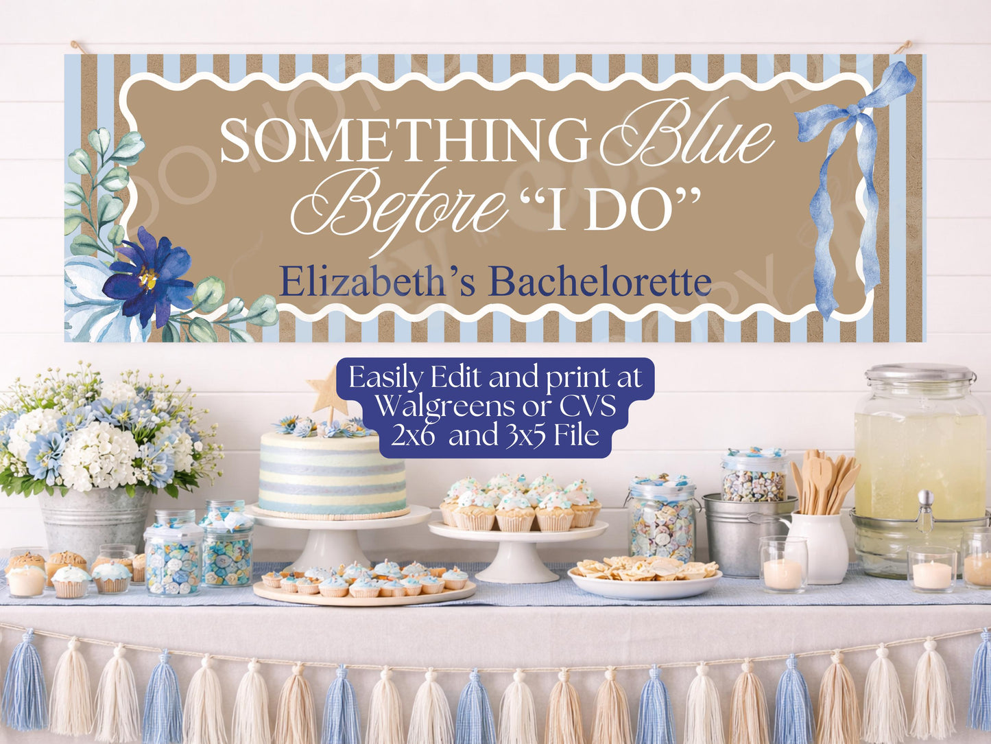 Something Blue Bachelorette Banner Template, Editable Canva Bridal Shower Decor (3x5, 2x6)