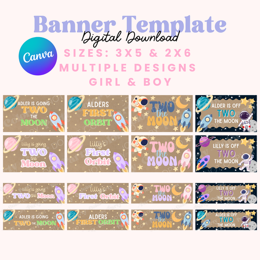 Space Birthday Banner Template, Going Two The Moon, First Orbit Birthday | Editable Canva Party Decor (Digital Download)