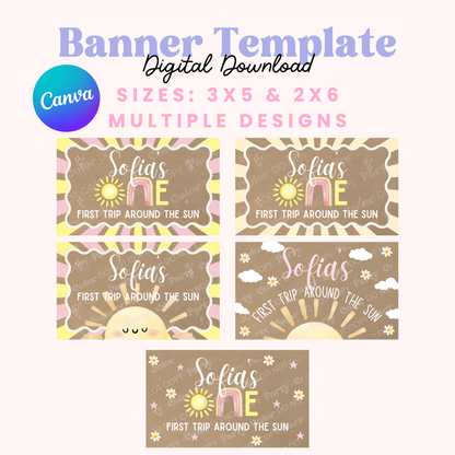 First Trip Around Sun Banner Template | First Birthday Party Decor (Digital Download)