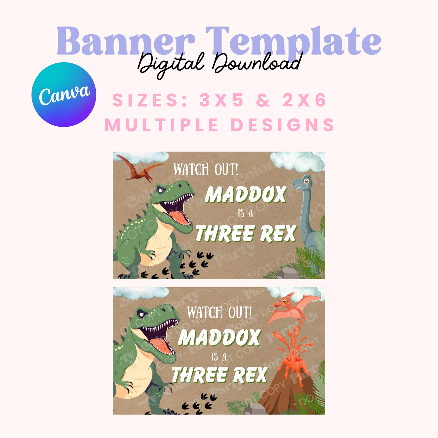 Dinosaur Birthday Banner Template | Three Rex Canva Design (Digital Download)