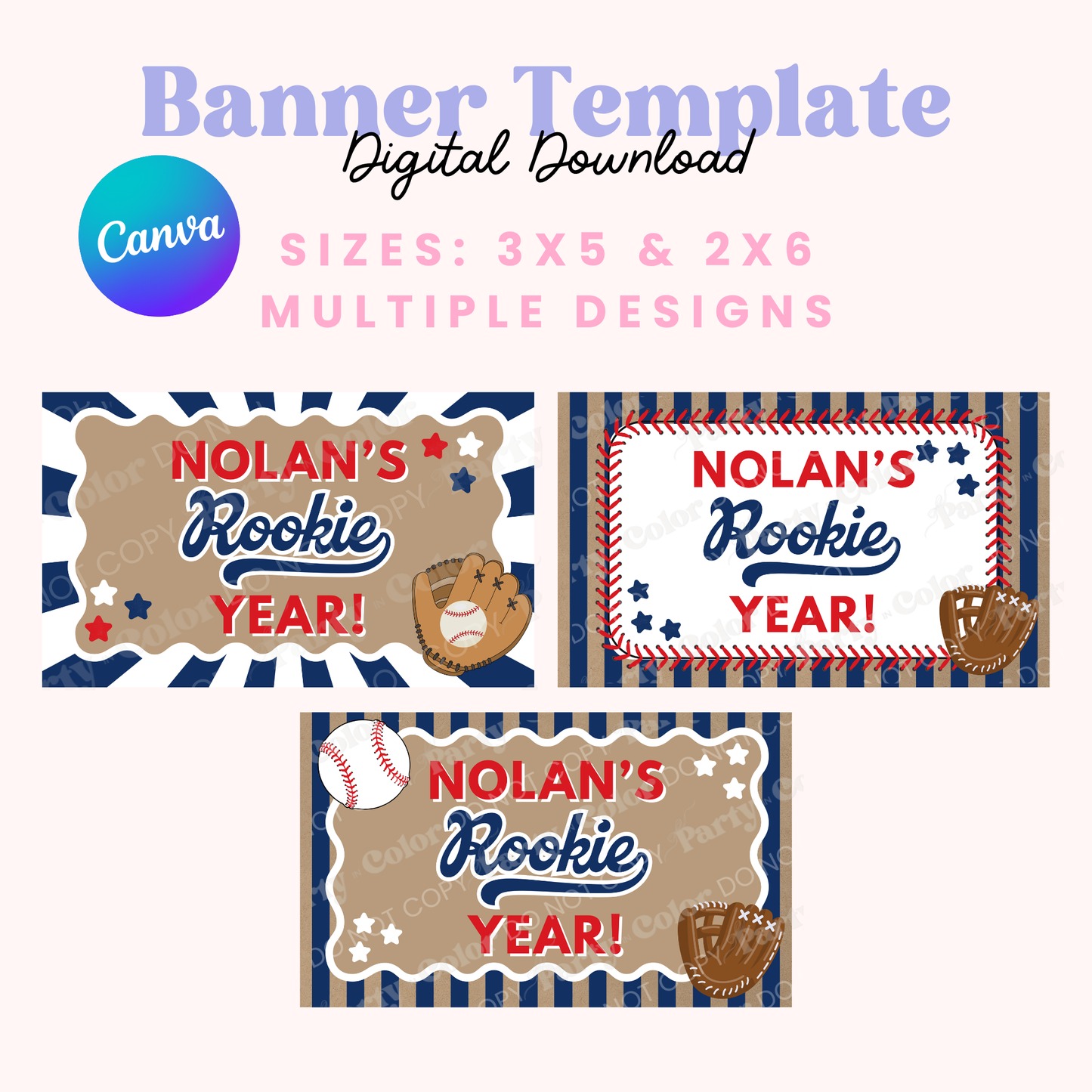 Baseball Rookie Year Birthday Banner Template | Editable Canva Party Decor 3x3 & 2x6 (Digital Download)