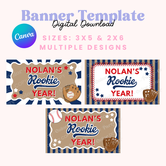 Baseball Rookie Year Birthday Banner Template | Editable Canva Party Decor 3x3 & 2x6 (Digital Download)