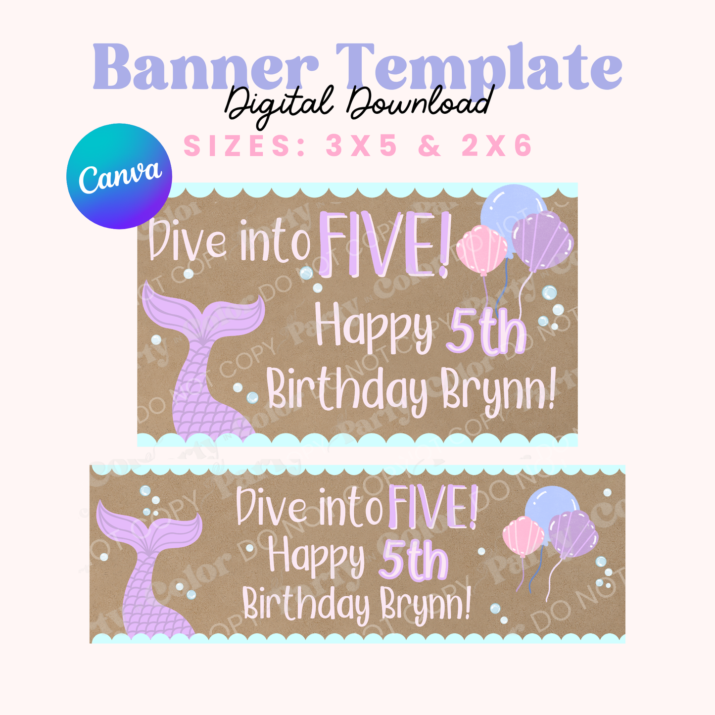 Mermaid Birthday Banner Template | Hand Painted Party Backdrop (Digital Download)