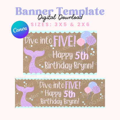 Mermaid Birthday Banner Template | Hand Painted Party Backdrop (Digital Download)