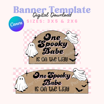 “One Spooky Babe Is on the Way” baby shower banner featuring a cute Halloween-inspired design, perfect for a spooky baby shower, Halloween baby shower, fall pregnancy celebration, or little boo themed party.