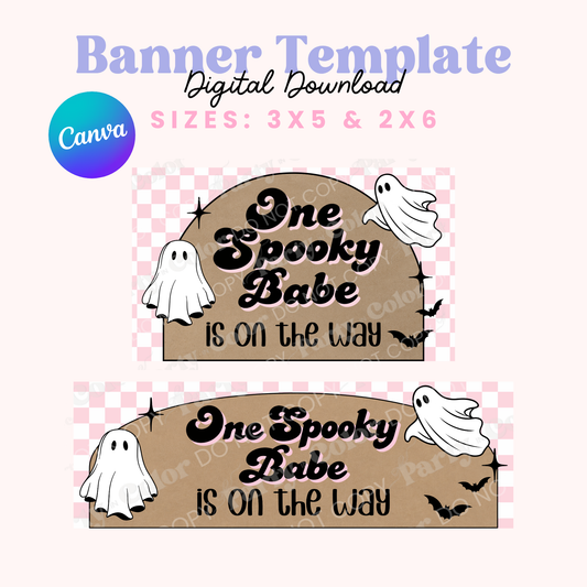 “One Spooky Babe Is on the Way” baby shower banner featuring a cute Halloween-inspired design, perfect for a spooky baby shower, Halloween baby shower, fall pregnancy celebration, or little boo themed party.