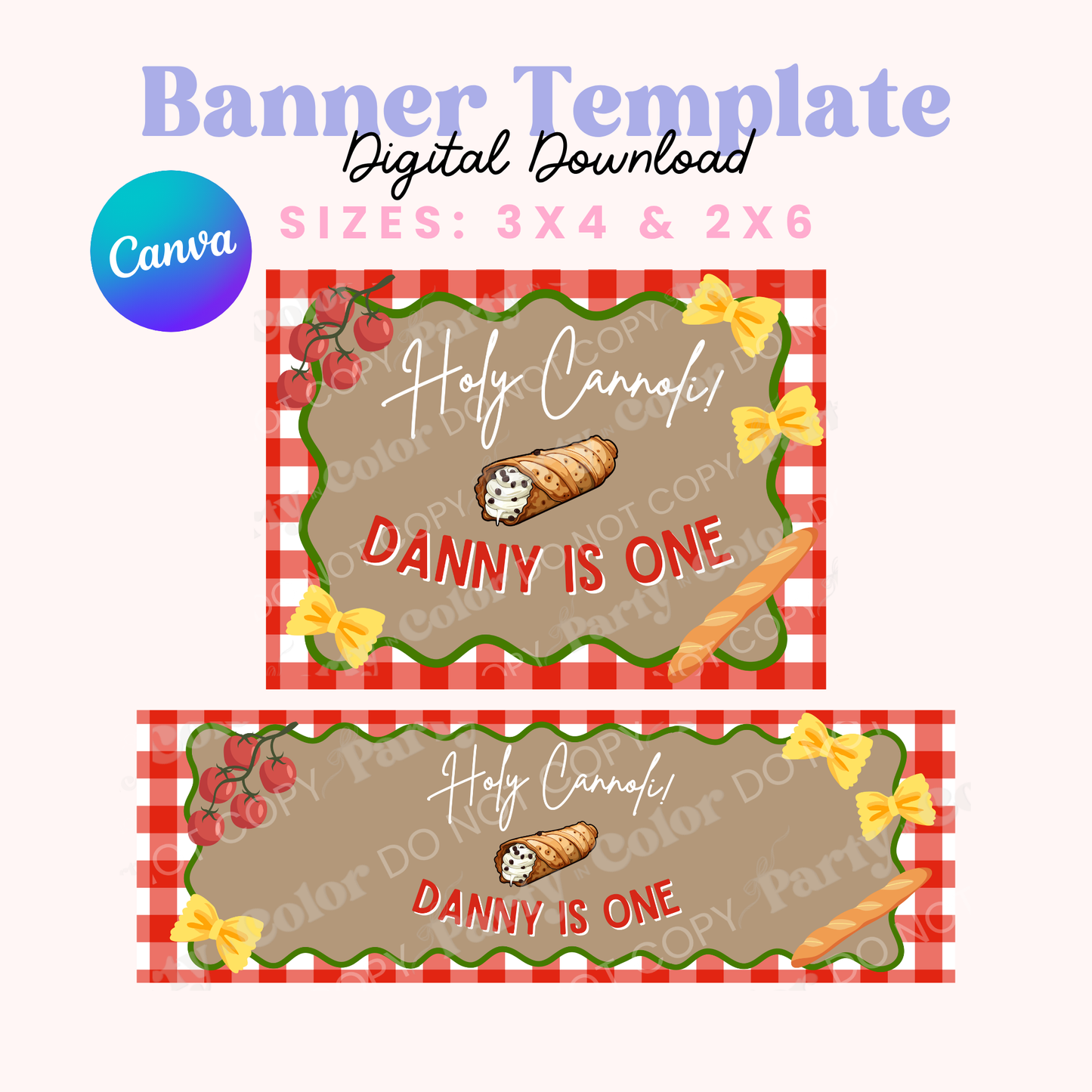 Holy Cannoli birthday banner template for first birthday, printable Italian themed party decoration, instant digital download Canva Banner Template
