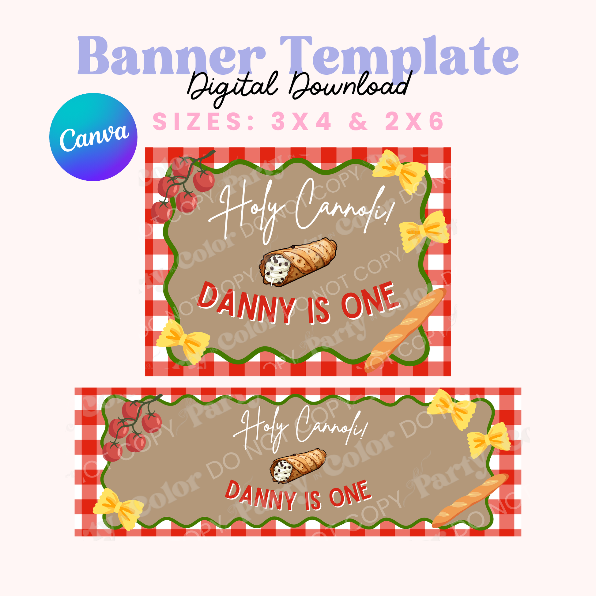 Holy Cannoli birthday banner template for first birthday, printable Italian themed party decoration, instant digital download Canva Banner Template