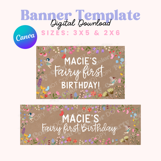 Fairy First Birthday Banner Template | Editable Canva Party Decor (Digital Download)
