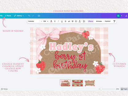 Berry First Birthday Banner Template | Editable Canva Party Decor (Digital Download)