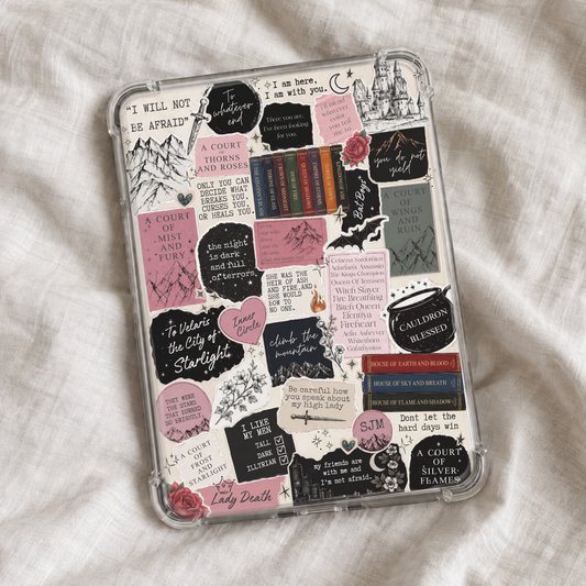 SJM universe Kindle insert featuring a collage-style design inspired by all Sarah J. Maas series, with layered bookish fantasy elements and references throughout.