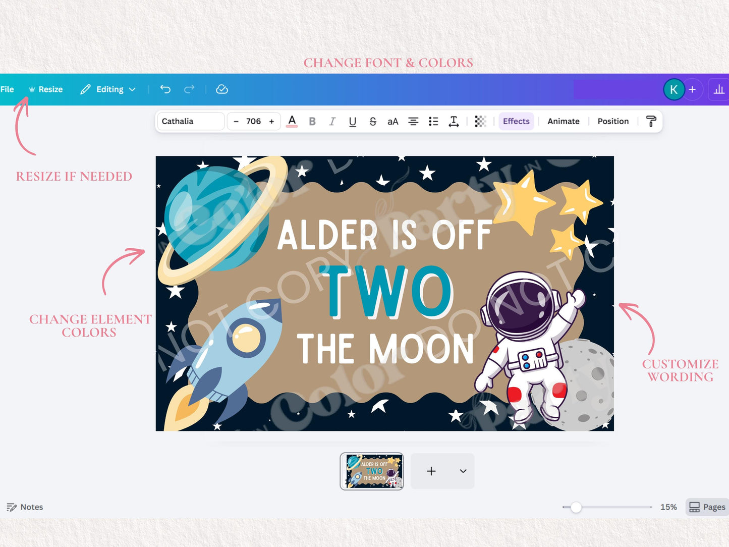 Space Birthday Banner Template, Going Two The Moon, First Orbit Birthday | Editable Canva Party Decor (Digital Download)