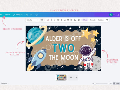 Space Birthday Banner Template, Going Two The Moon, First Orbit Birthday | Editable Canva Party Decor (Digital Download)