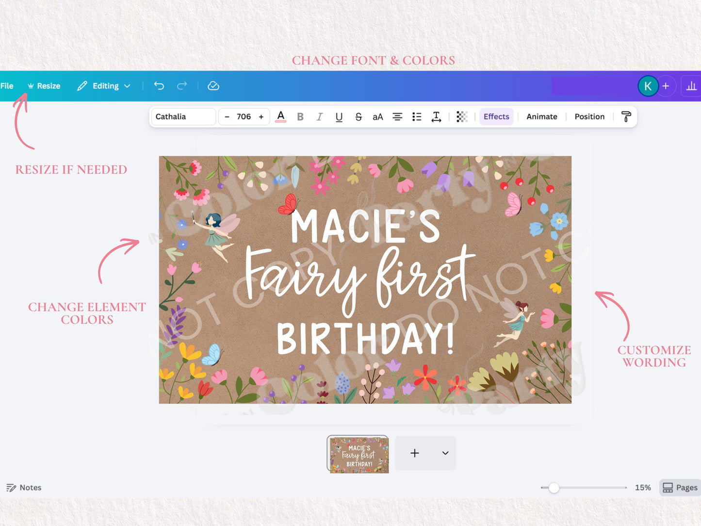 Fairy First Birthday Banner Template | Editable Canva Party Decor (Digital Download)