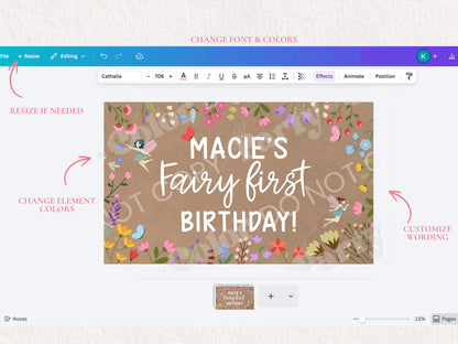 Fairy First Birthday Banner Template | Editable Canva Party Decor (Digital Download)