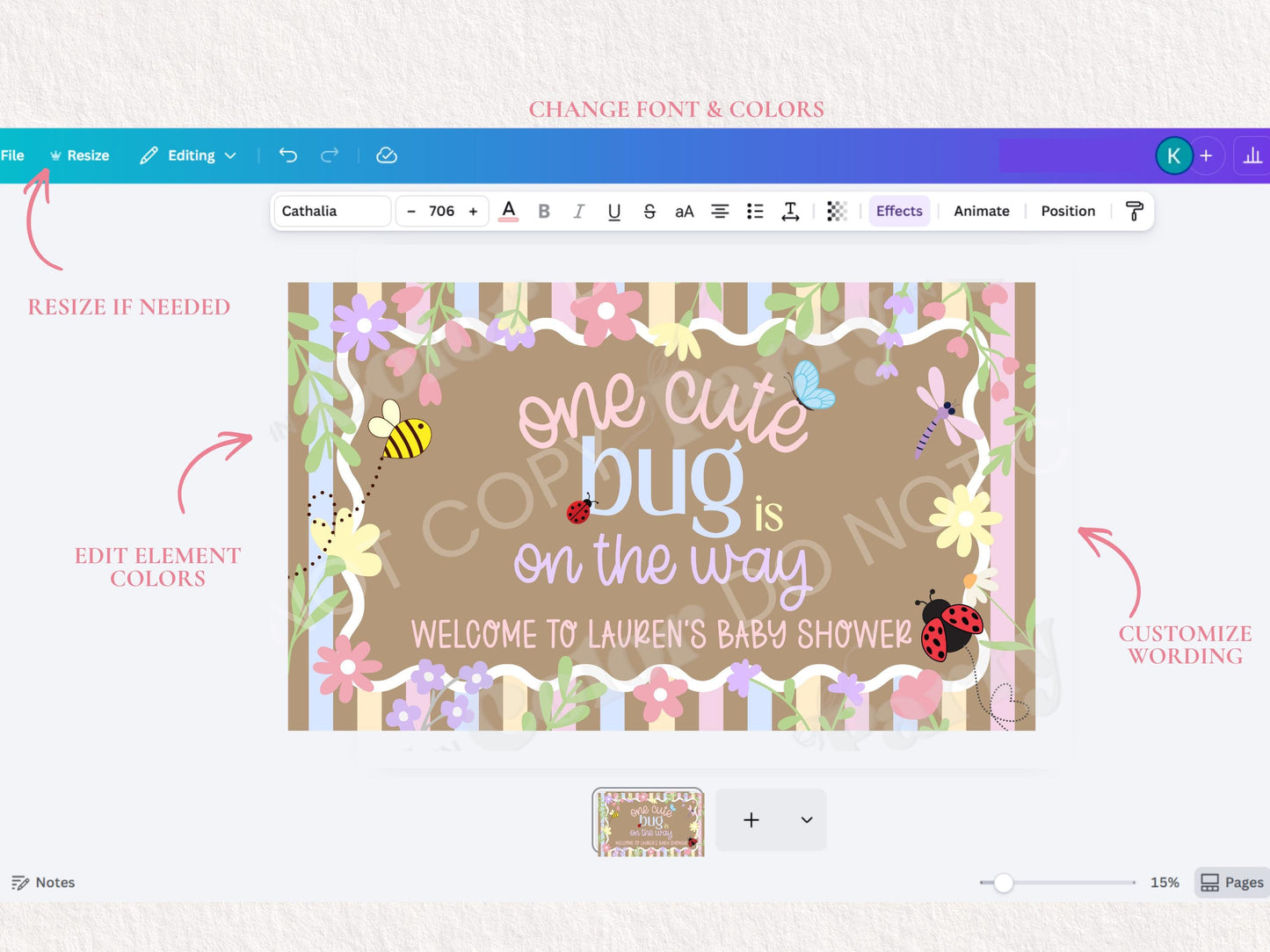 One Cute Bug Baby Shower Banner Template | Editable Canva Party Decor (Digital Download)