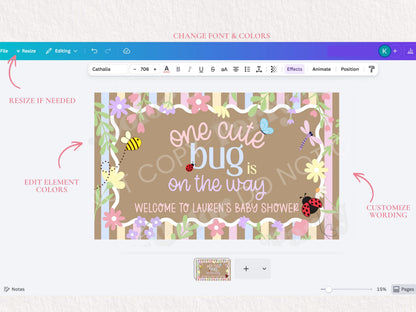 One Cute Bug Baby Shower Banner Template | Editable Canva Party Decor (Digital Download)