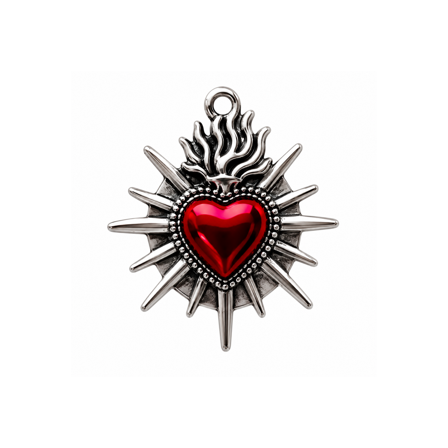 Sacred Heart Charm | Silver Heart Flame Charm | Red Crystal Heart Pendant