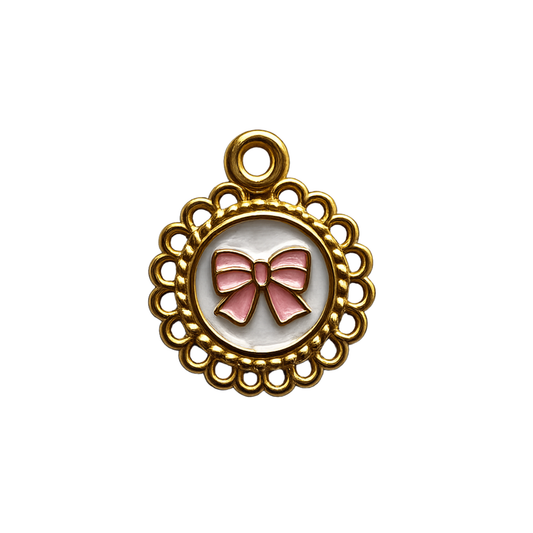 Pink Bow Cameo Charm | Gold Coquette Bow Charm | Vintage Charm Bar