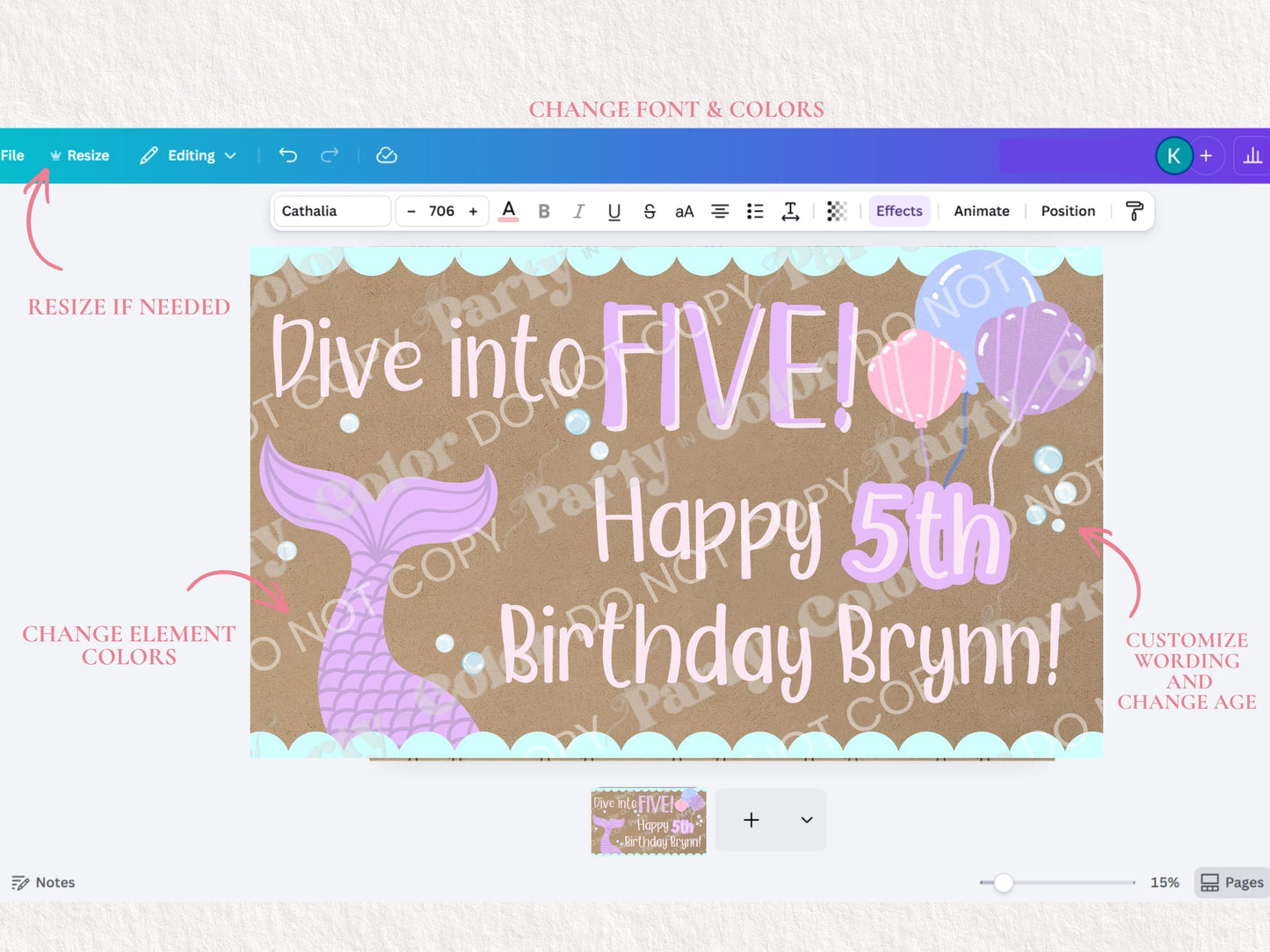 Mermaid Birthday Banner Template | Hand Painted Party Backdrop (Digital Download)