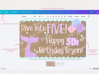 Mermaid Birthday Banner Template | Hand Painted Party Backdrop (Digital Download)