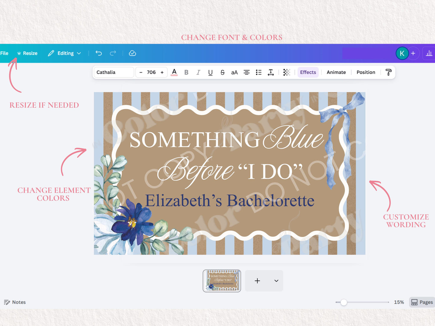 Something Blue Bachelorette Banner Template, Editable Canva Bridal Shower Decor (3x5, 2x6)