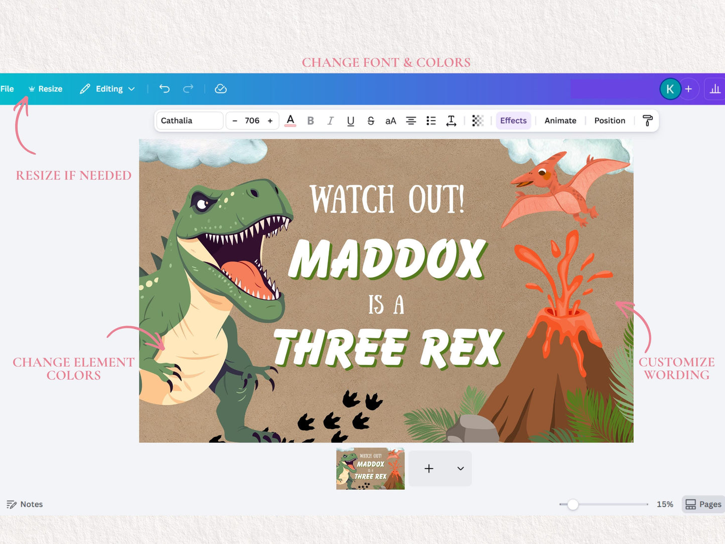 Dinosaur Birthday Banner Template | Three Rex Canva Design (Digital Download)
