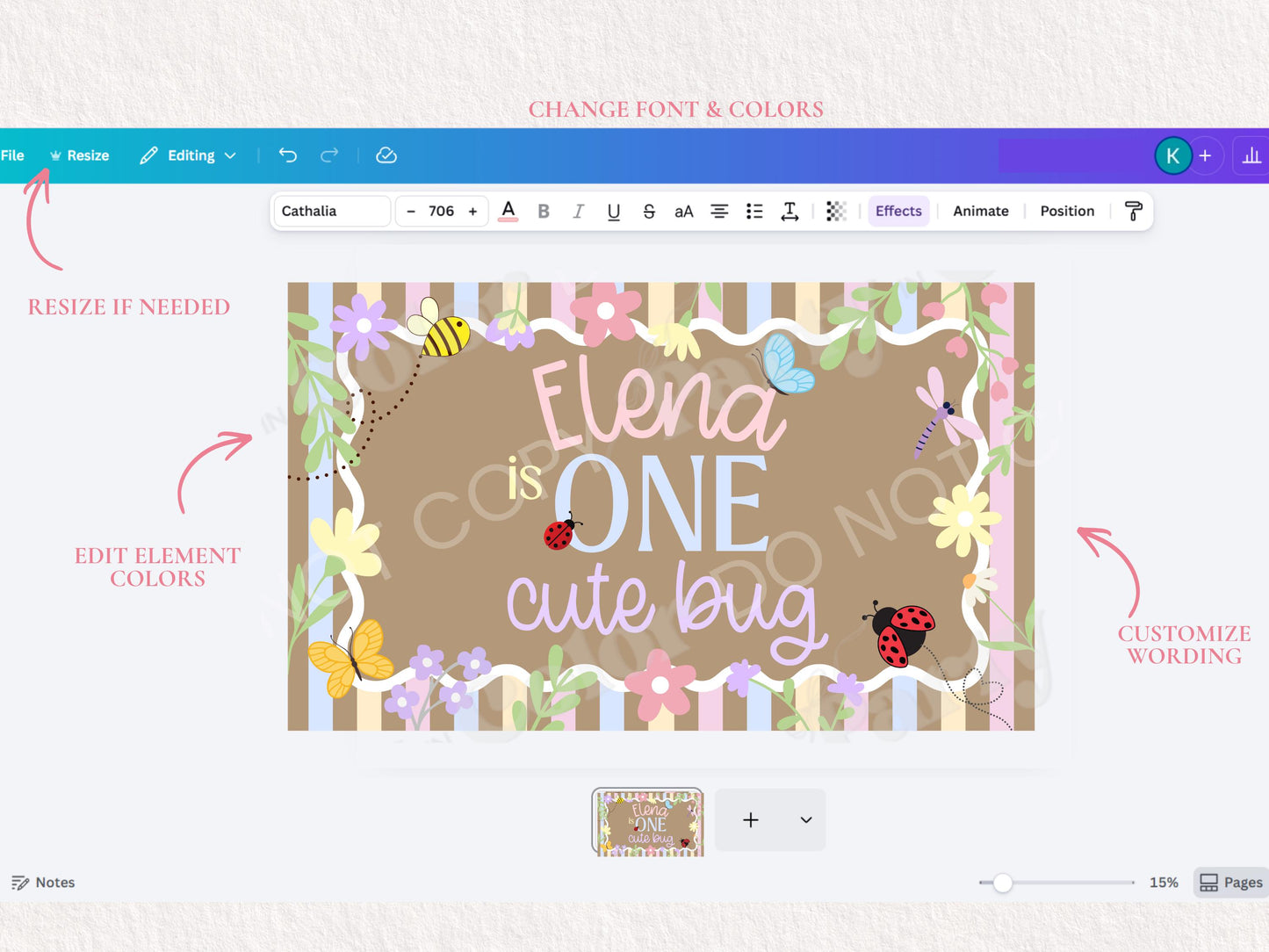 One Cute Bug First Birthday Banner Template | Editable Canva Party Decor (Digital Download)